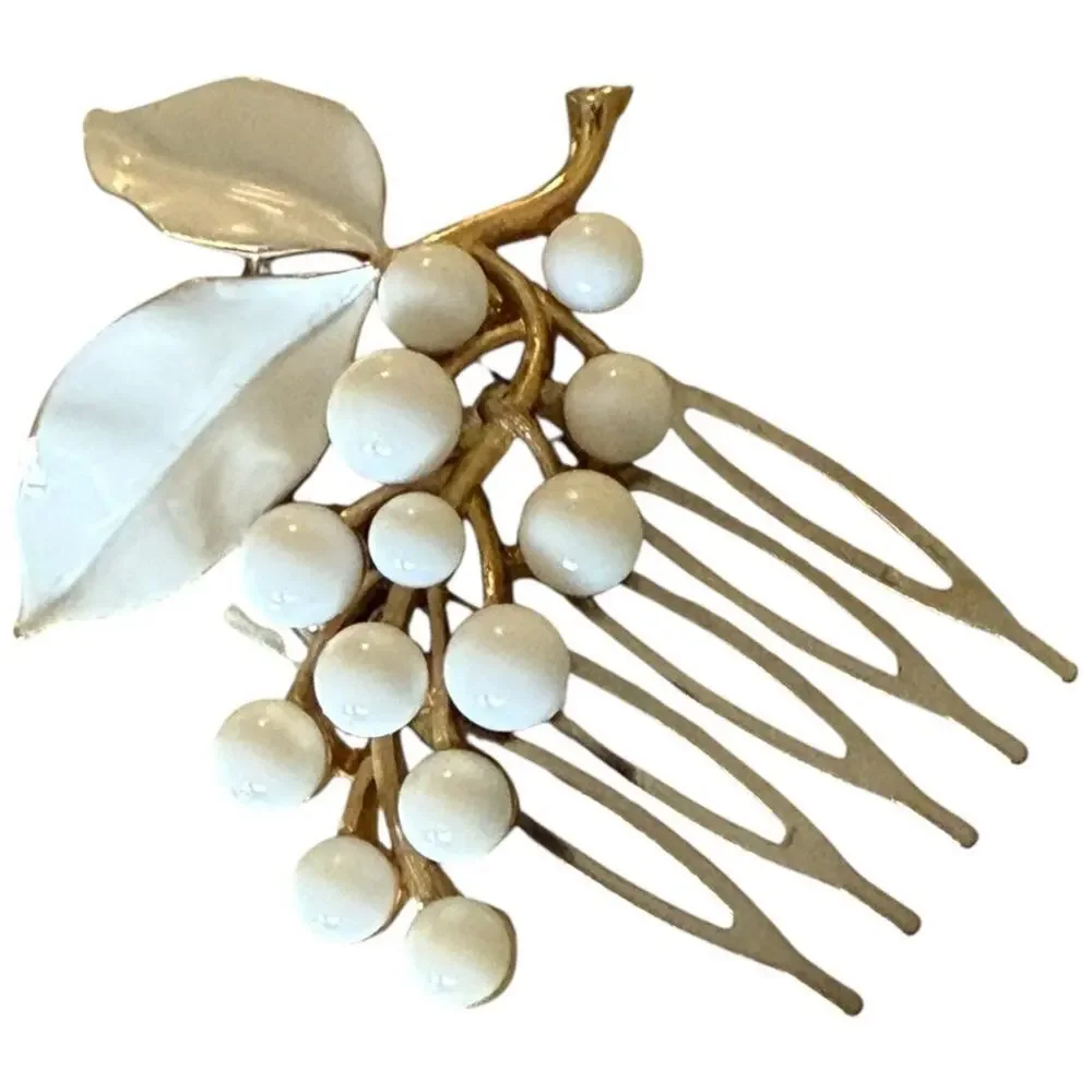 White Gold Leaf Pearl Cluster Hair Comb Vintage-Inspired Bridal Accessory